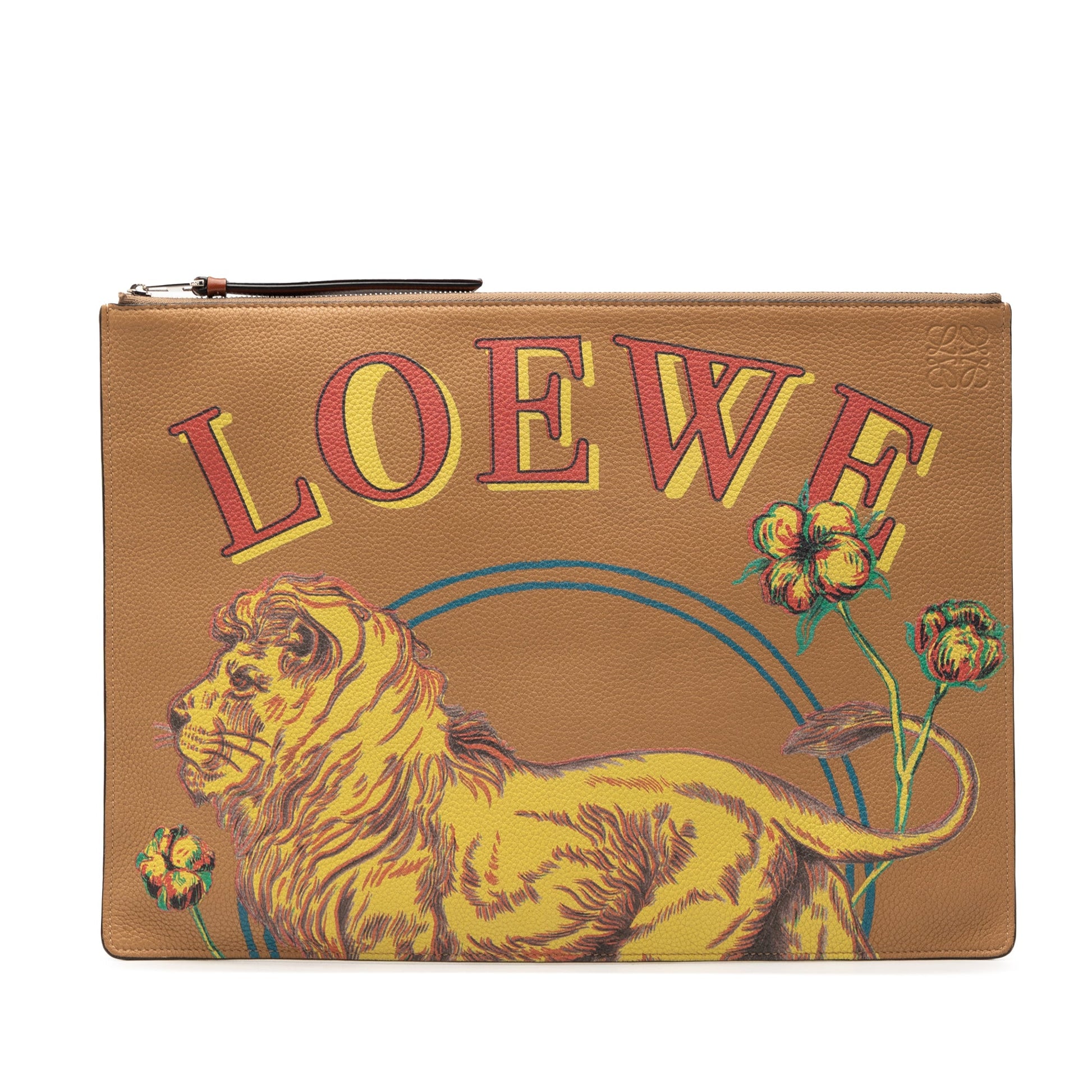 LOEWE Paulas Ibiza Leather Lion and Floral Print Clutch