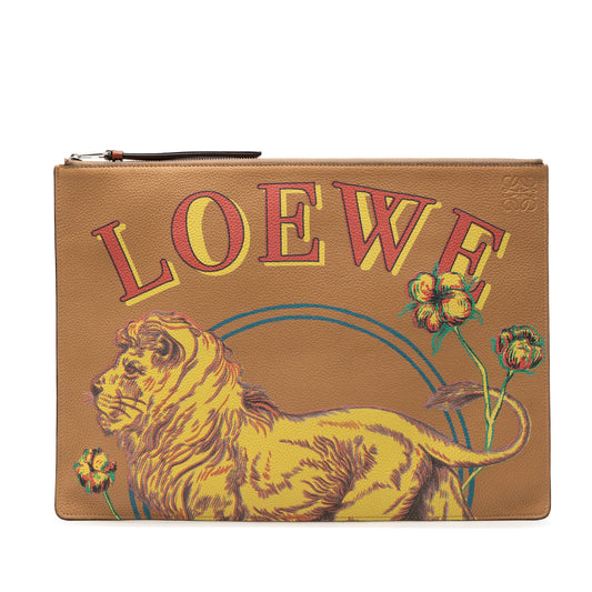 LOEWE Paulas Ibiza Leather Lion and Floral Print Clutch