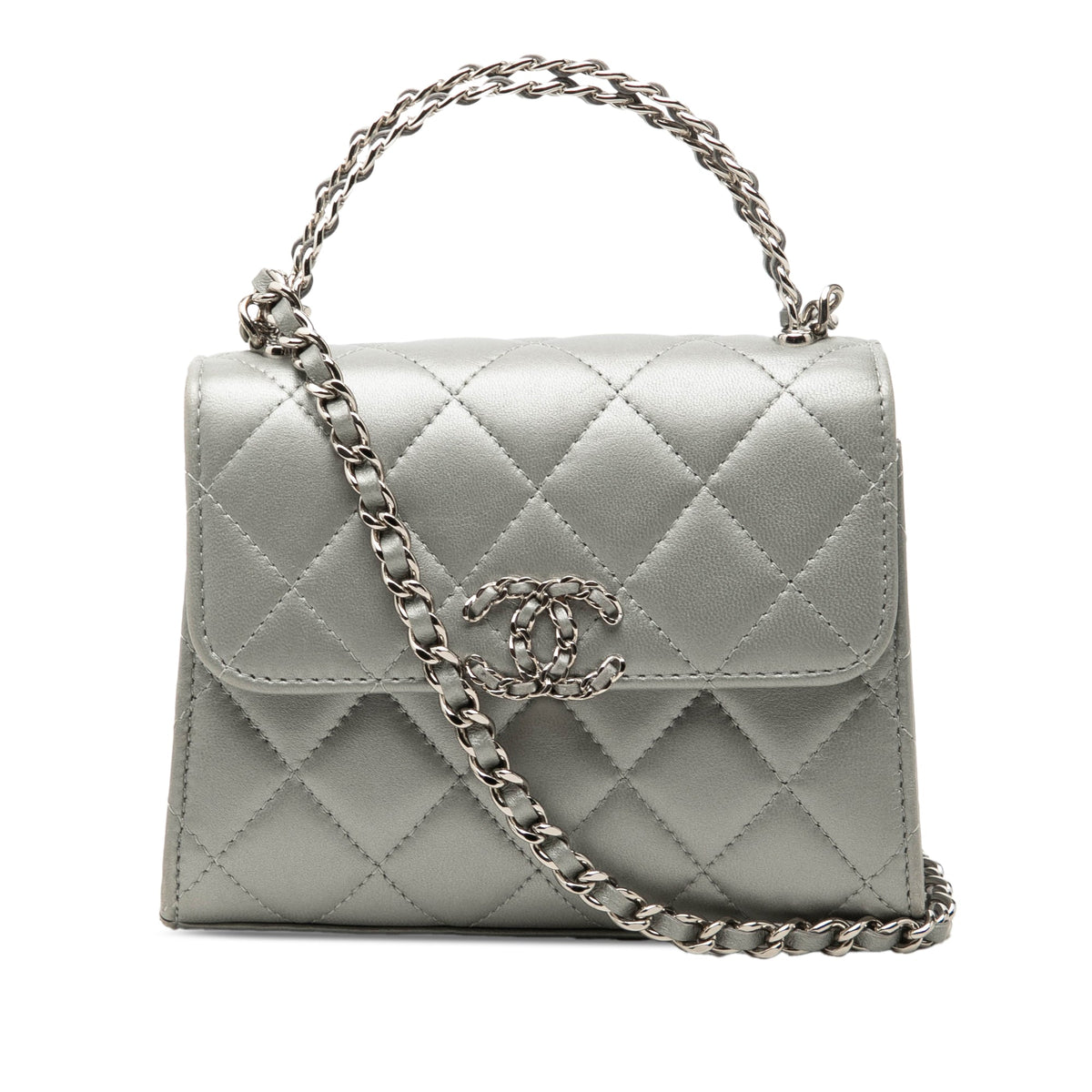 Chanel Mini CC Metallic Lambskin Top Handle Clutch With Chain