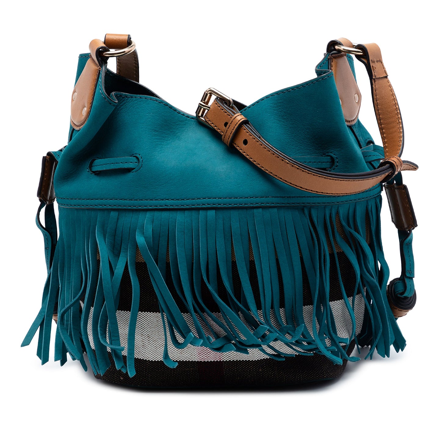 Burberry Small Mega Check Canvas and Suede Fringe Belgrove Bucket Bag
