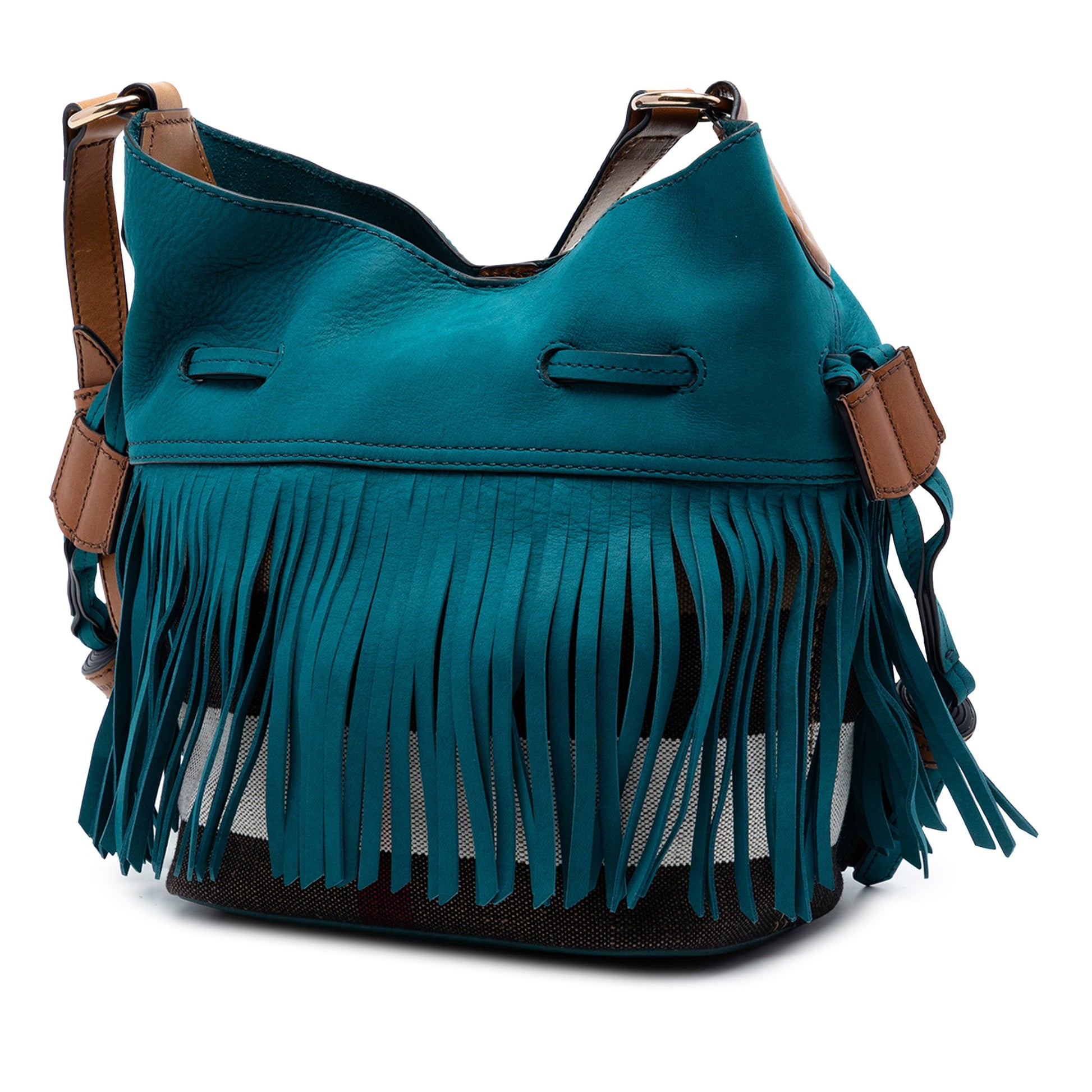 Burberry Small Mega Check Canvas and Suede Fringe Belgrove Bucket Bag