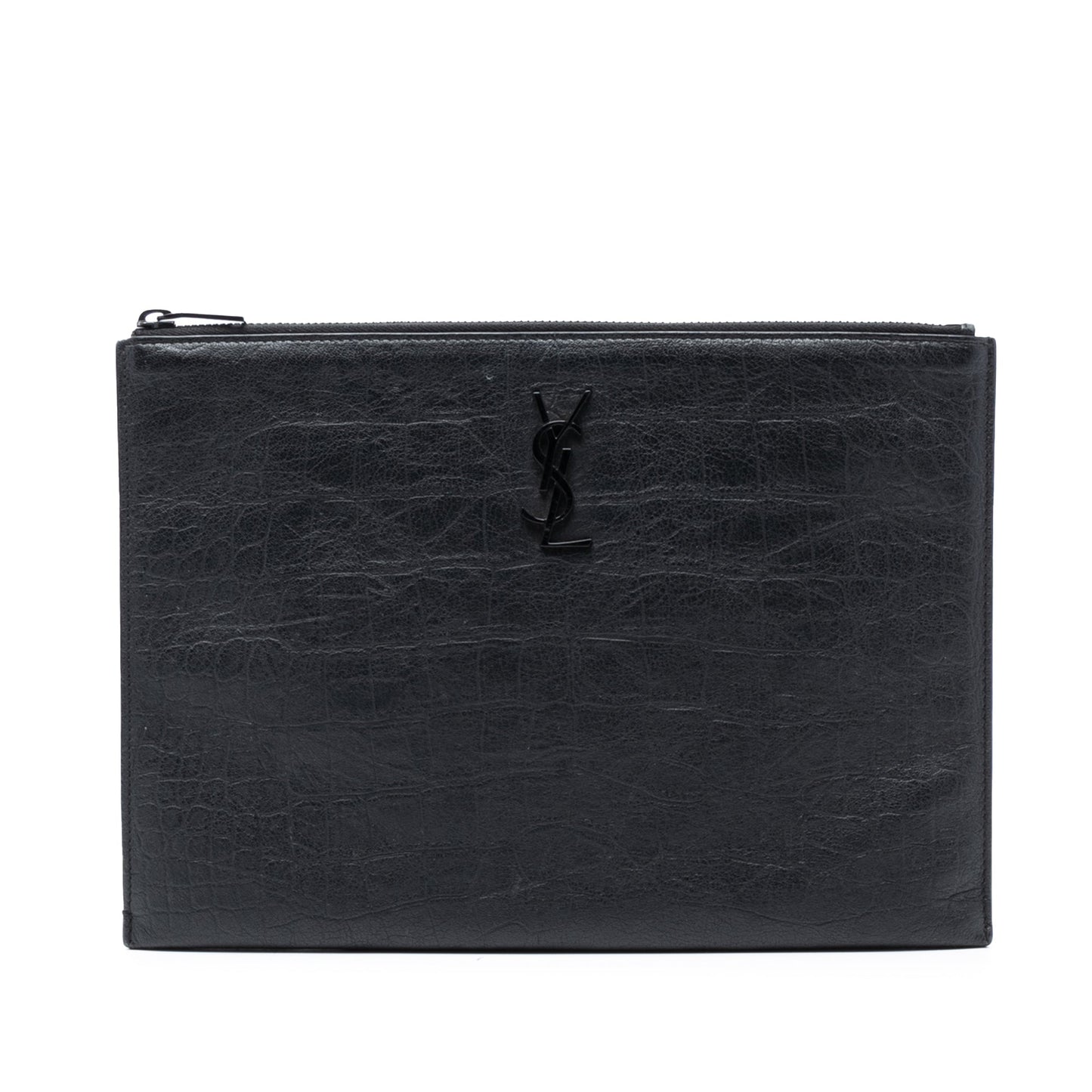 Saint Laurent Croc Embossed Leather Monogram Clutch