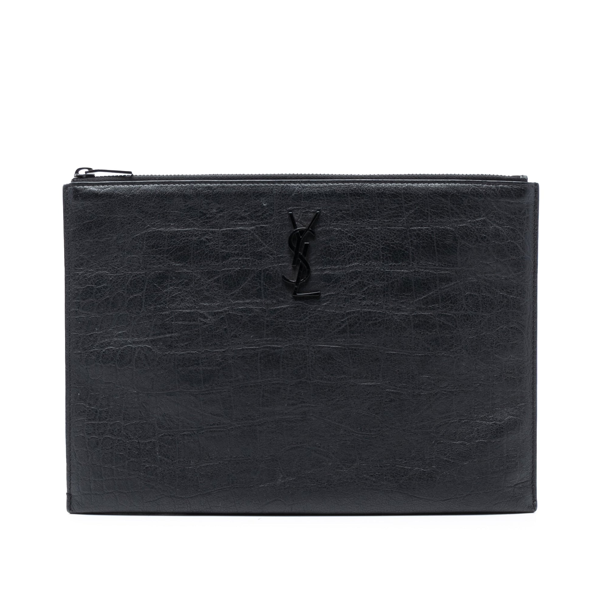 Saint Laurent Croc Embossed Leather Monogram Clutch