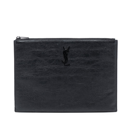 Saint Laurent Croc Embossed Leather Monogram Clutch
