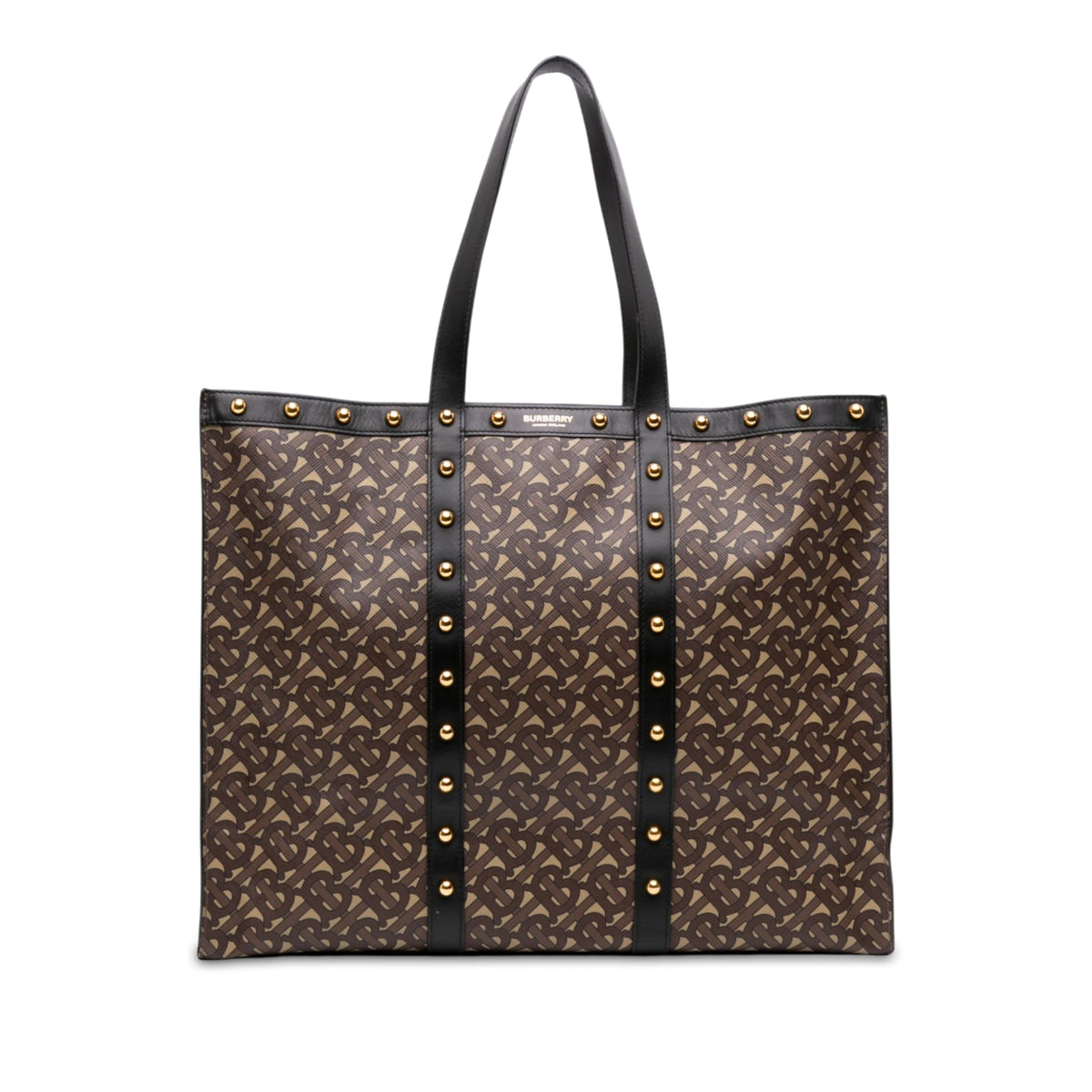 Burberry TB Monogram E Canvas and Studded Leather Horizontal Tote — Brown