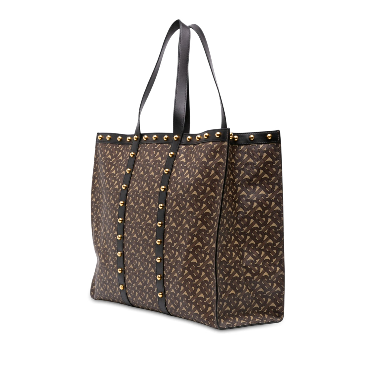 Burberry TB Monogram E Canvas and Studded Leather Horizontal Tote — Brown