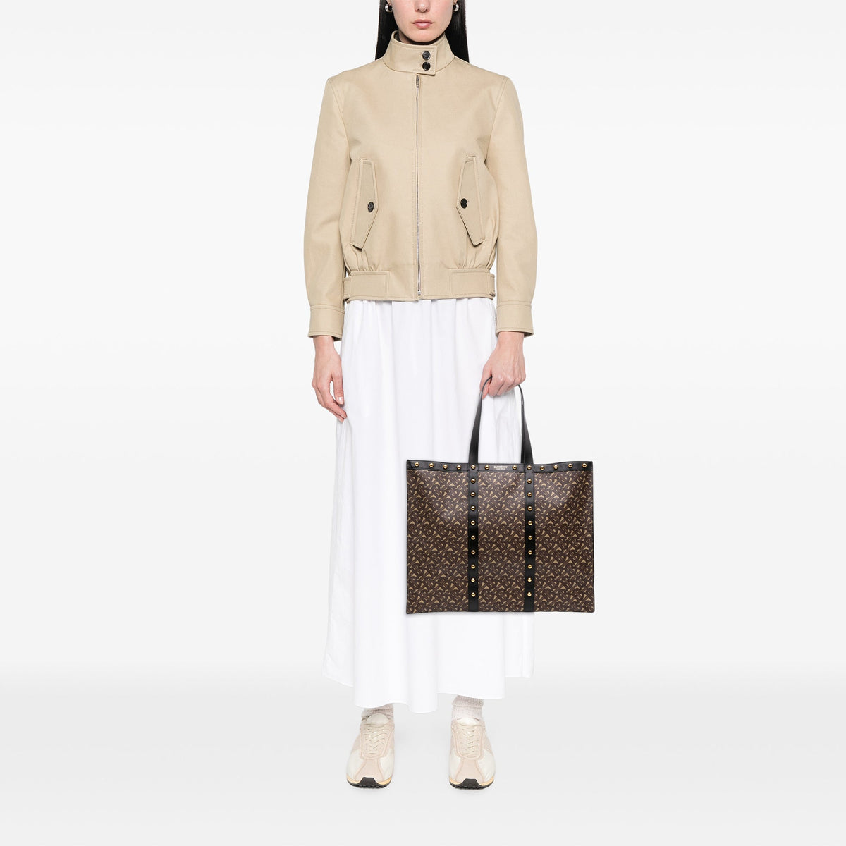 Burberry TB Monogram E Canvas and Studded Leather Horizontal Tote — Brown