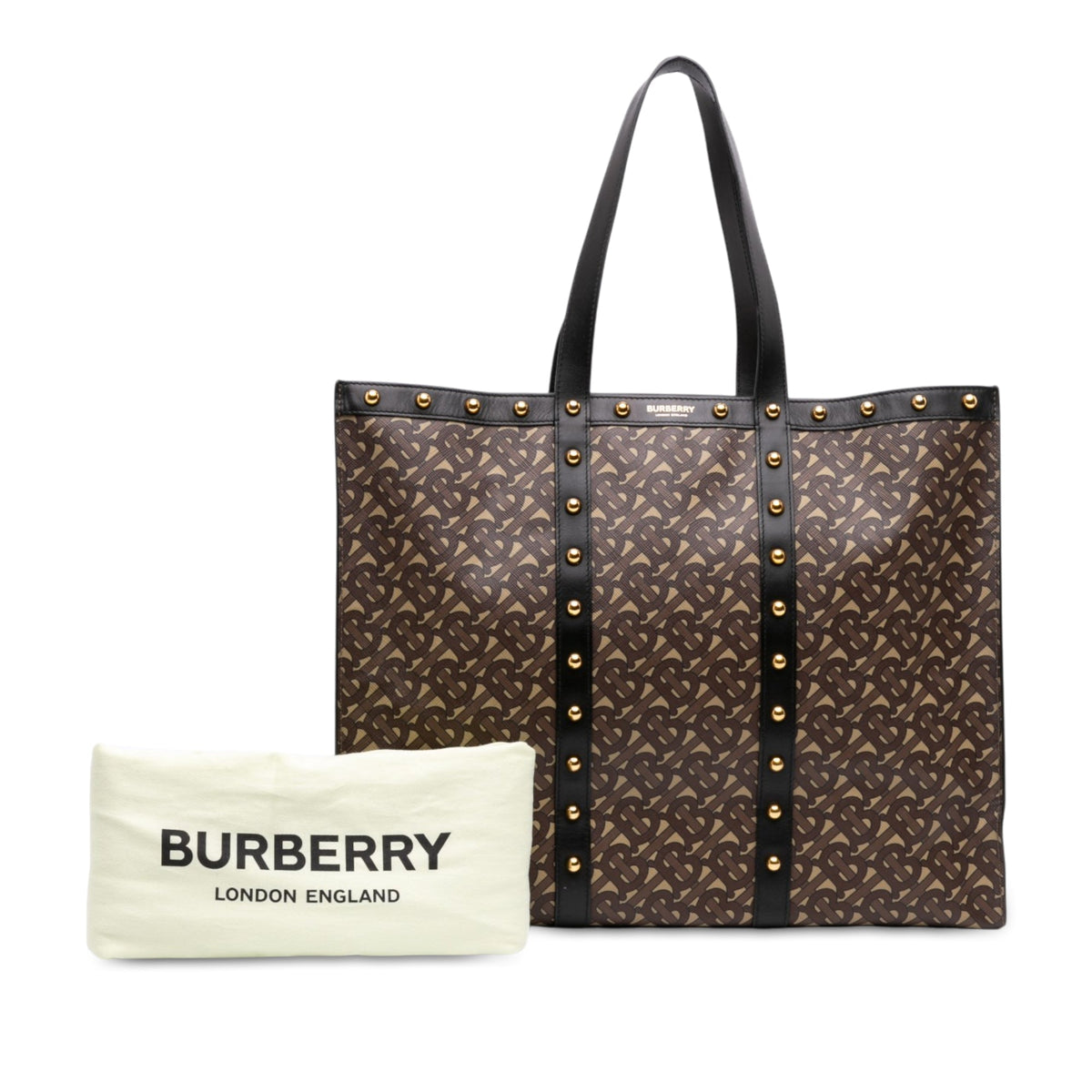 Burberry TB Monogram E Canvas and Studded Leather Horizontal Tote — Brown