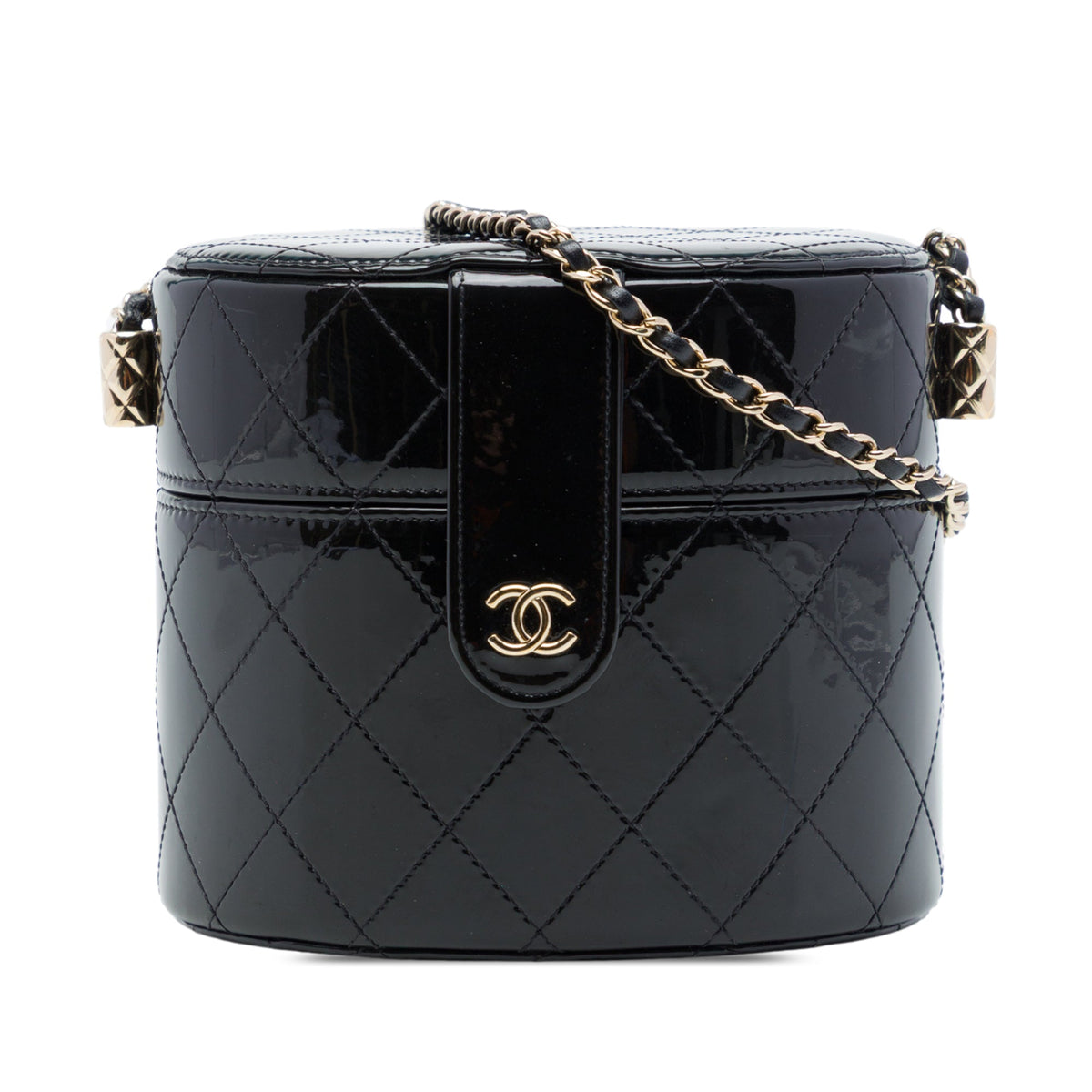 Chanel CC Quilted Patent Round Vanity Clutch With Chain — Black