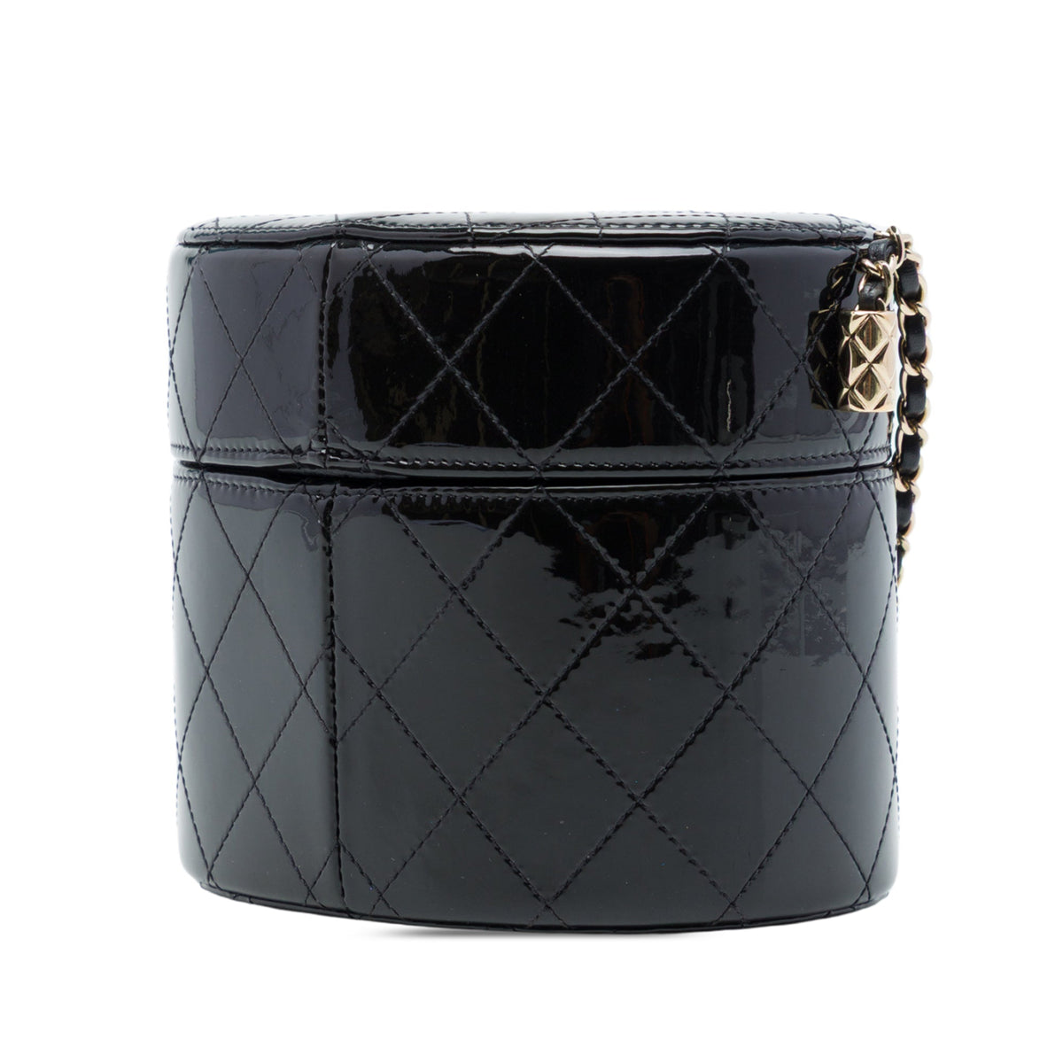 Chanel CC Quilted Patent Round Vanity Clutch With Chain — Black