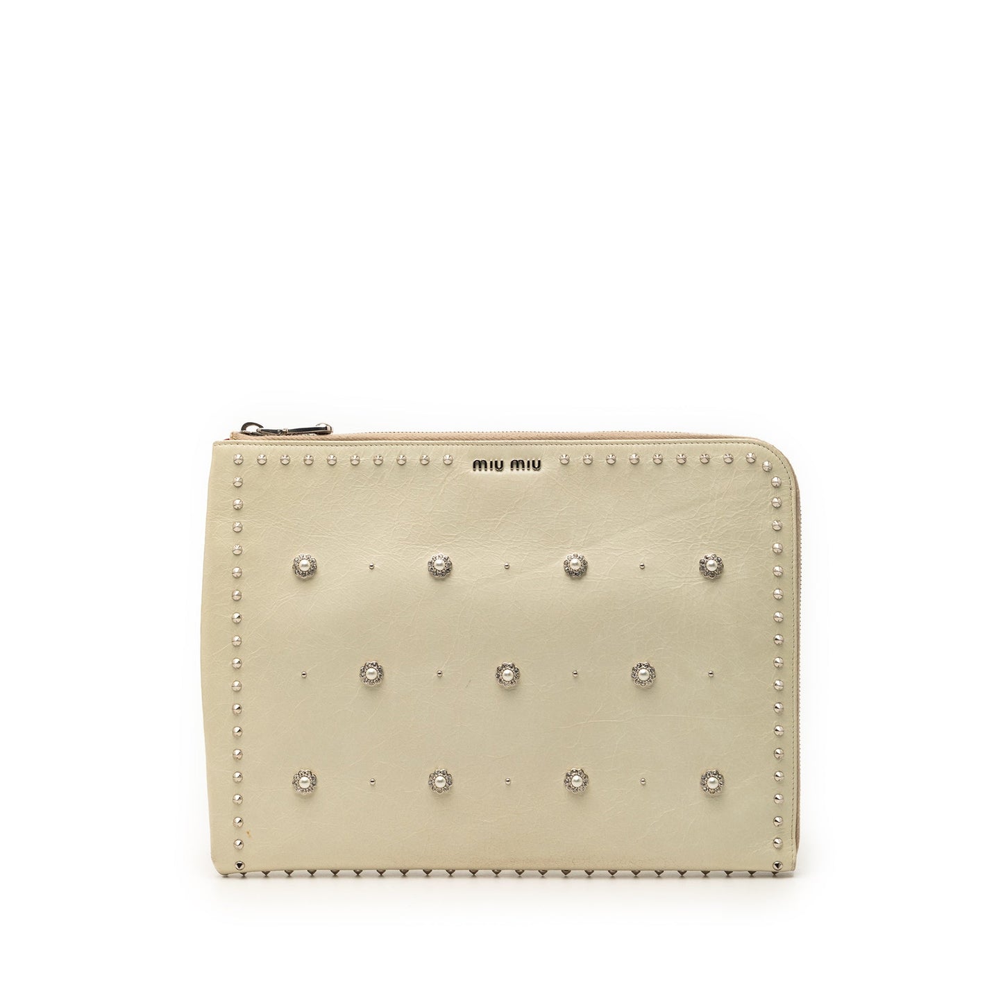 Miu Miu Faux Pearl Studded Leather Clutch
