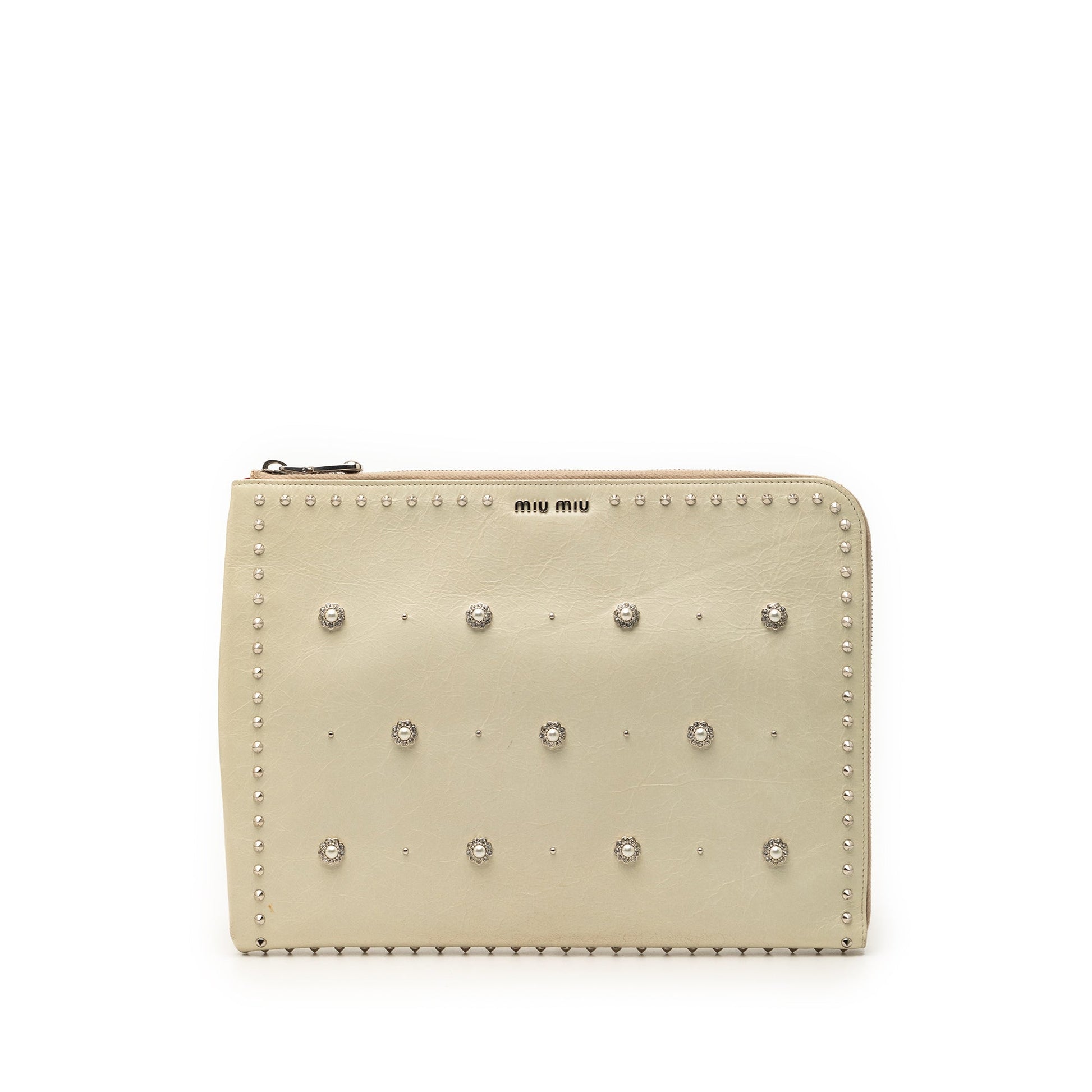 Miu Miu Faux Pearl Studded Leather Clutch