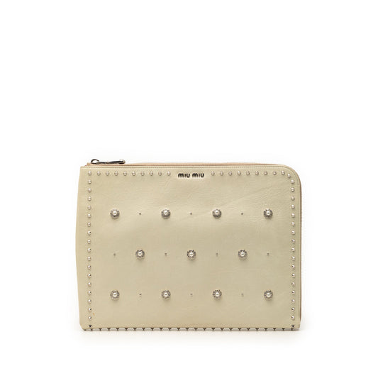 Miu Miu Faux Pearl Studded Leather Clutch