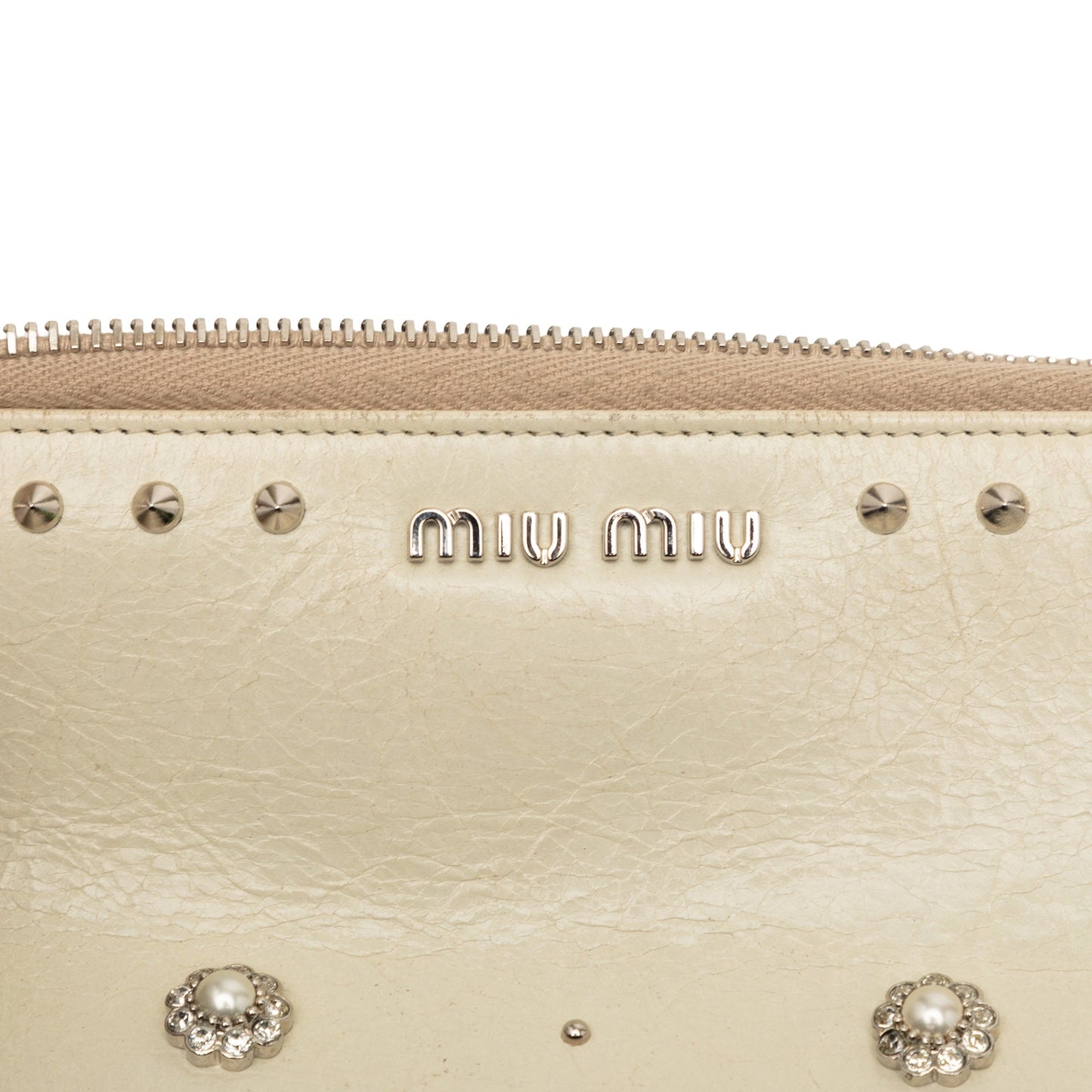 Miu Miu Faux Pearl Studded Leather Clutch