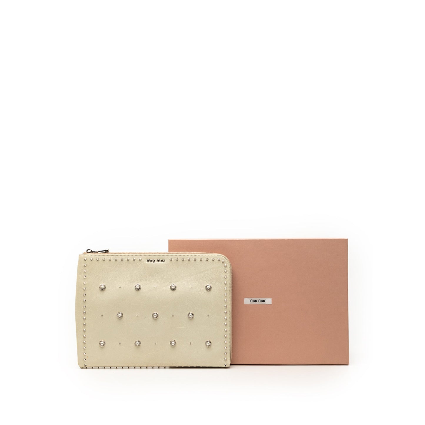 Miu Miu Faux Pearl Studded Leather Clutch