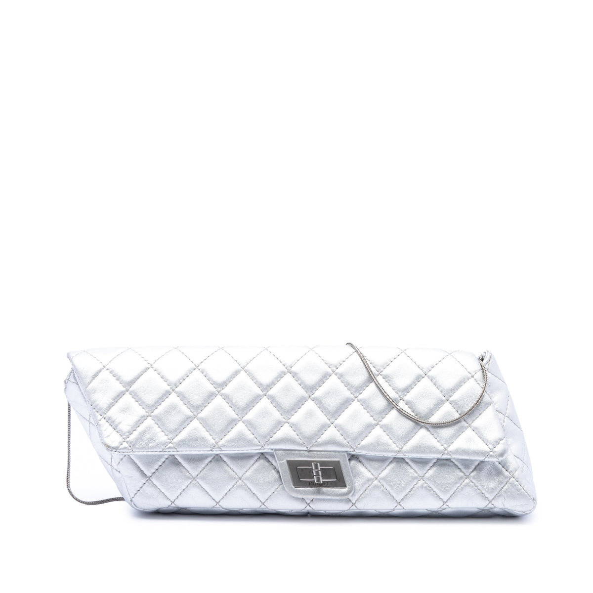 Chanel Quilted Metallic Lambskin Reissue 2.55 Clutch With Chain — Silver