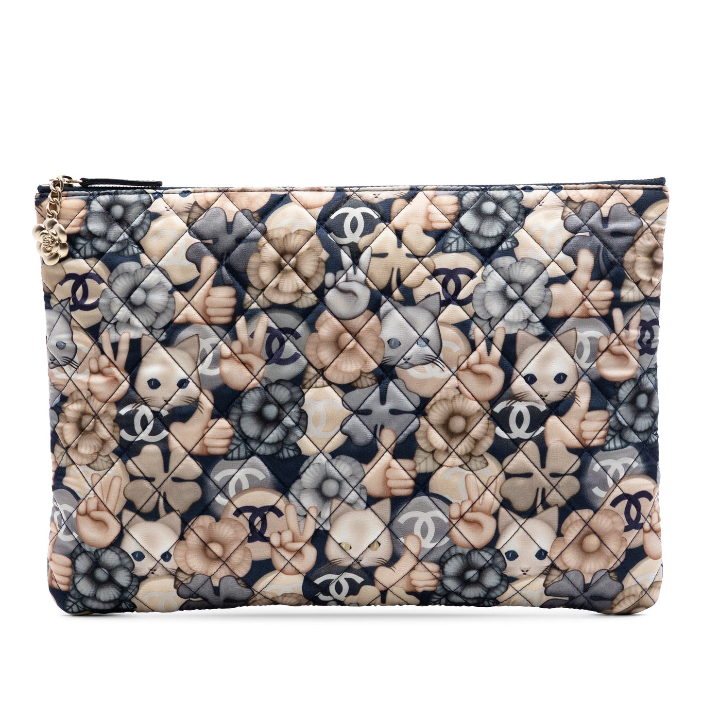Large Quilted Nylon Cat Emoticon O Case Clutch
