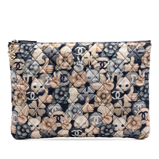 Large Quilted Nylon Cat Emoticon O Case Clutch