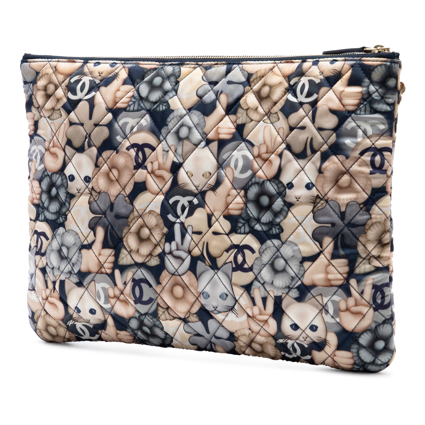 Large Quilted Nylon Cat Emoticon O Case Clutch
