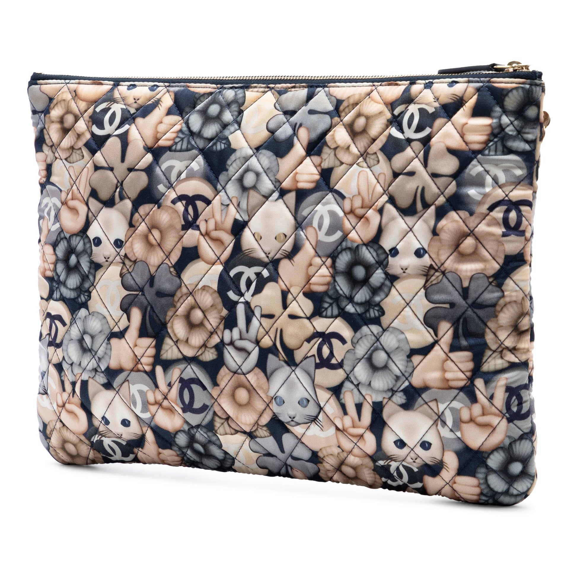Large Quilted Nylon Cat Emoticon O Case Clutch
