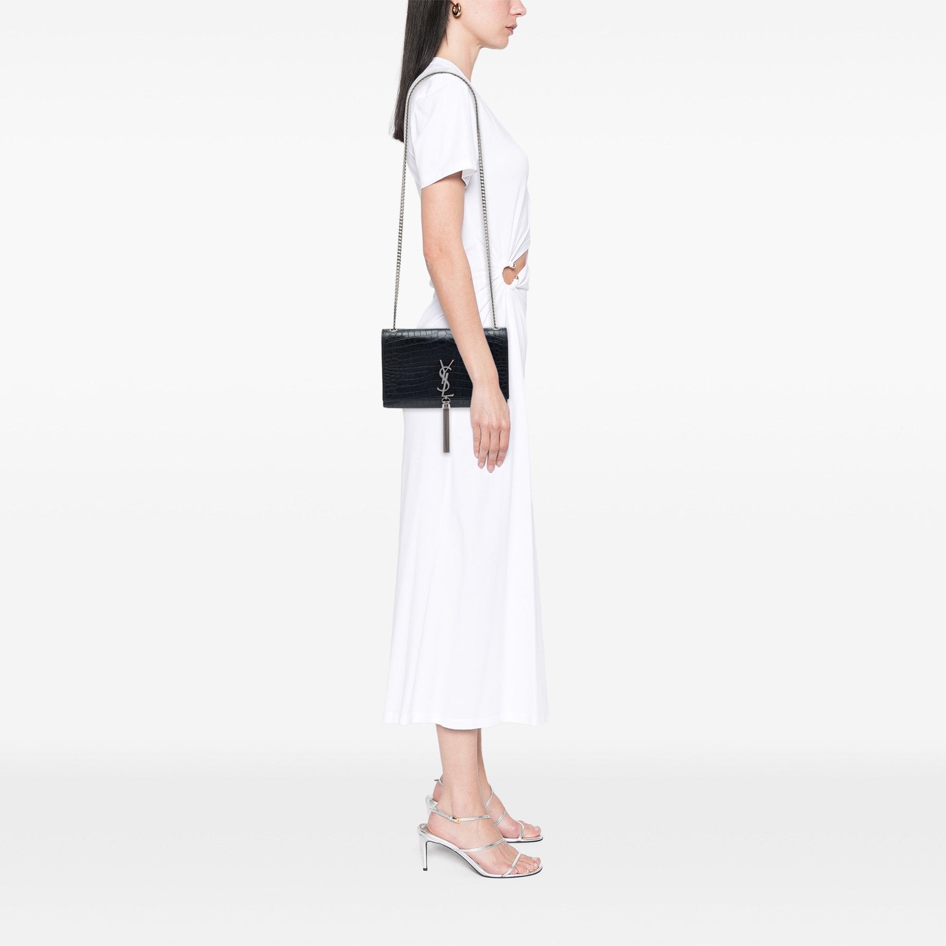 Saint Laurent Medium Croc Embossed Leather Monogram Kate Tassel Crossbody