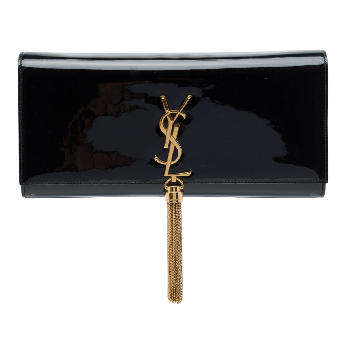 Saint Laurent Patent Cassandre Tassel Clutch — Black