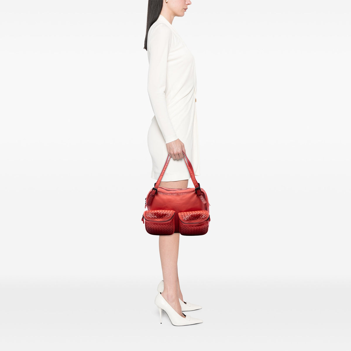 Bottega Veneta Intrecciato Trimmed Nappa Multi Pocket Shoulder Bag — Orange