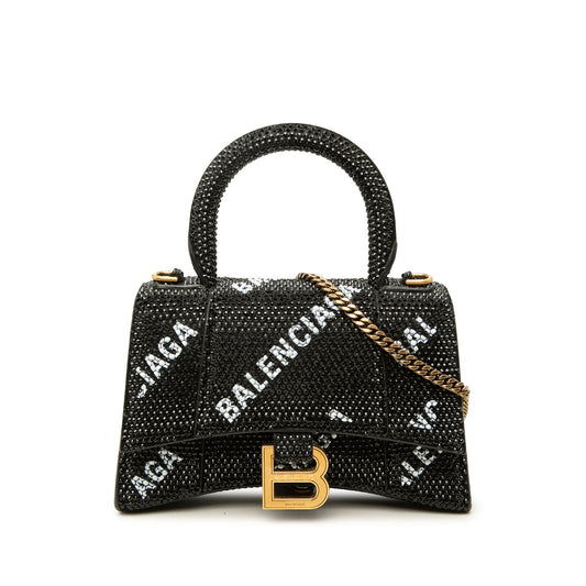 Balenciaga Suede Allover Logo Strass Hourglass Top Handle Bag XS — Black