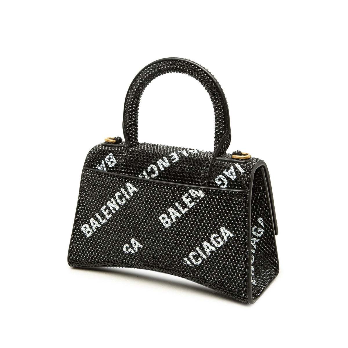Balenciaga Suede Allover Logo Strass Hourglass Top Handle Bag XS — Black