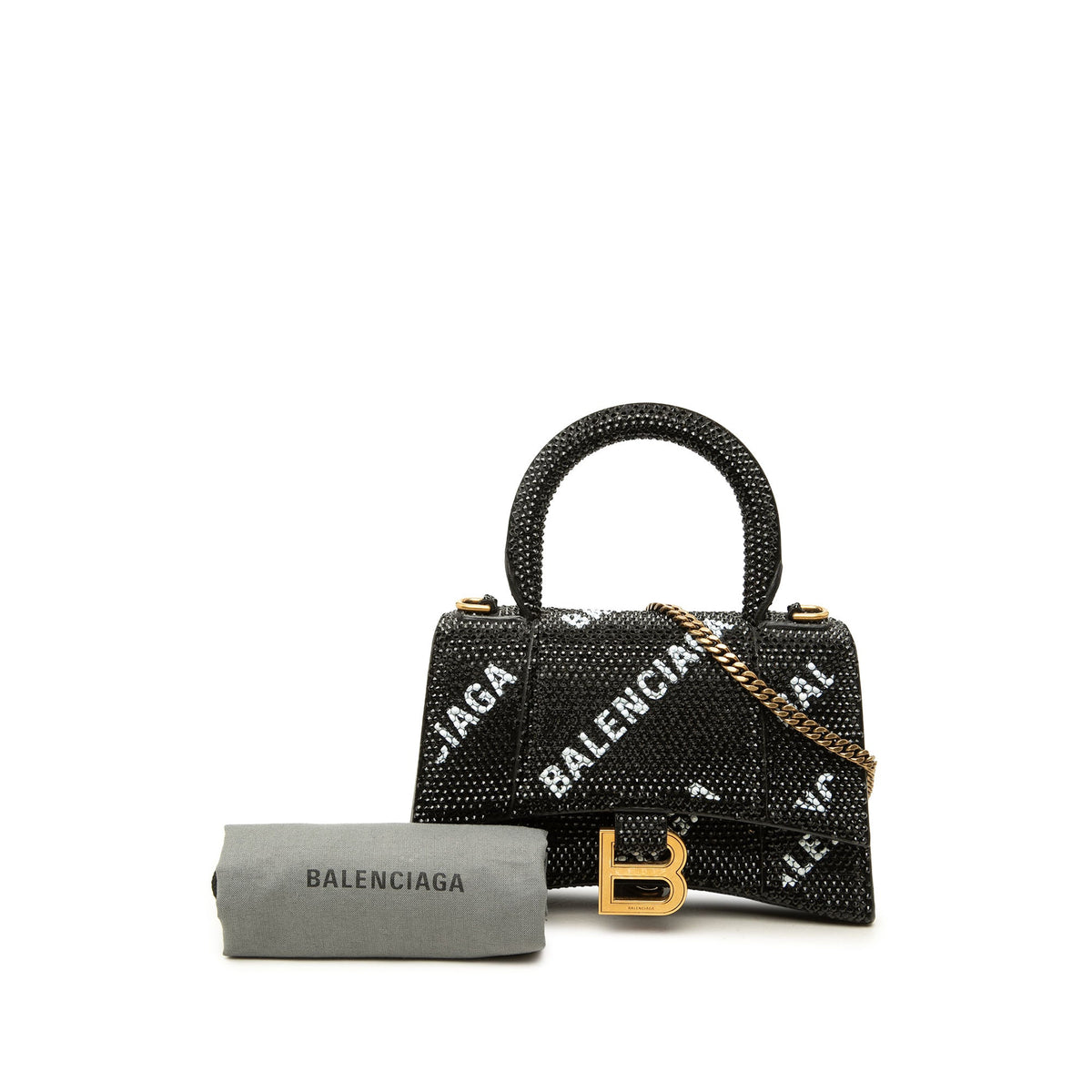 Balenciaga Suede Allover Logo Strass Hourglass Top Handle Bag XS — Black