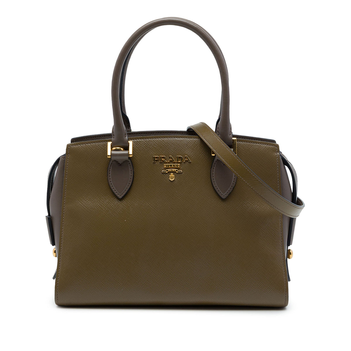Prada Bicolor Soft Calf Trimmed Saffiano Satchel — Brown