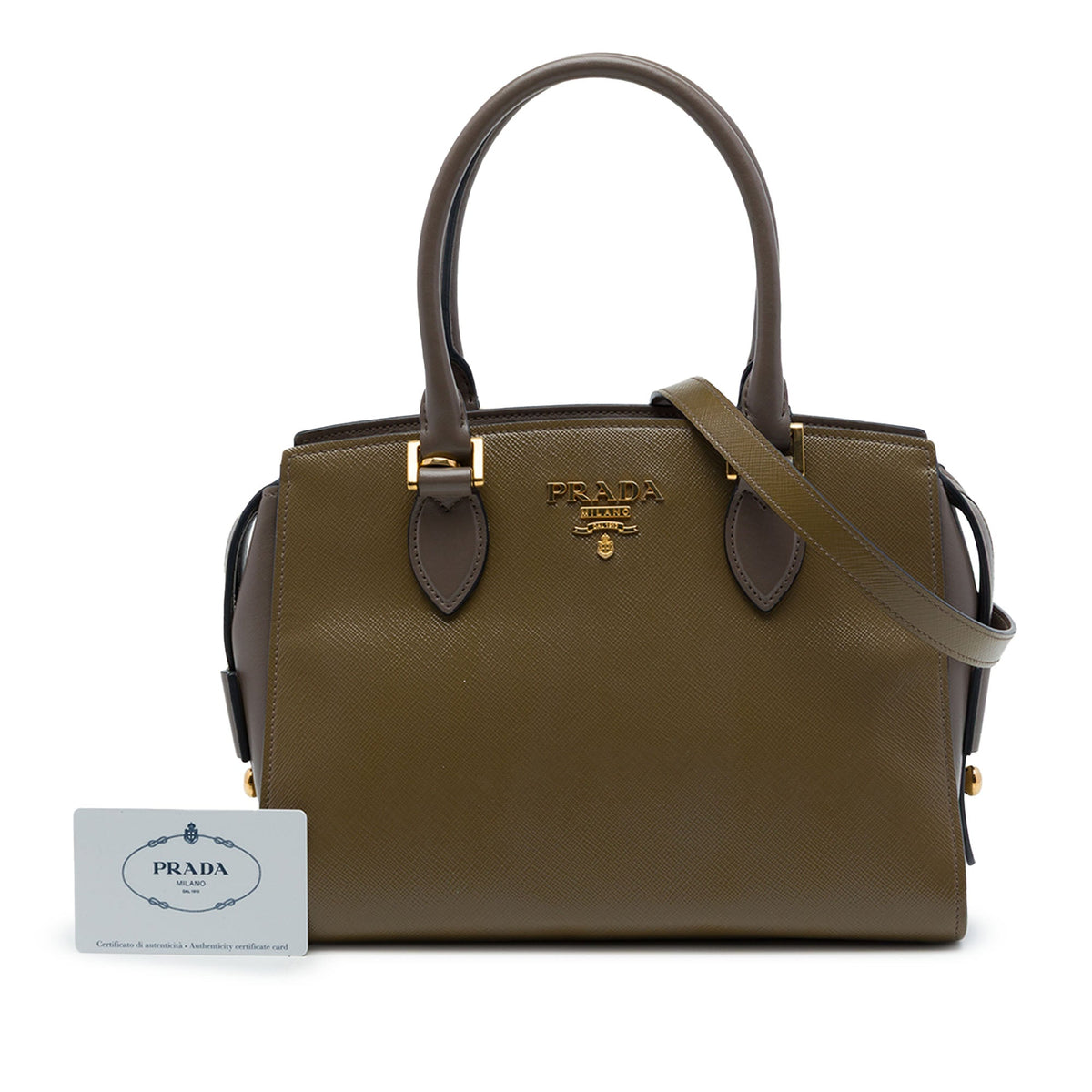 Prada Bicolor Soft Calf Trimmed Saffiano Satchel — Brown