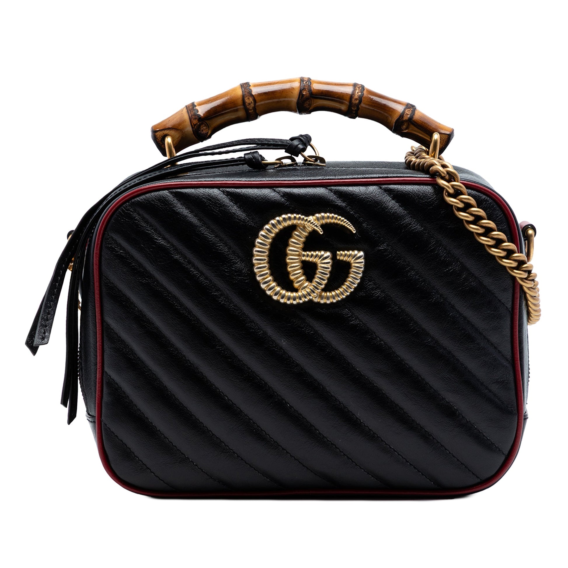 Gucci Small GG Marmont Matelasse Diagonal Leather Torchon Bamboo Satchel
