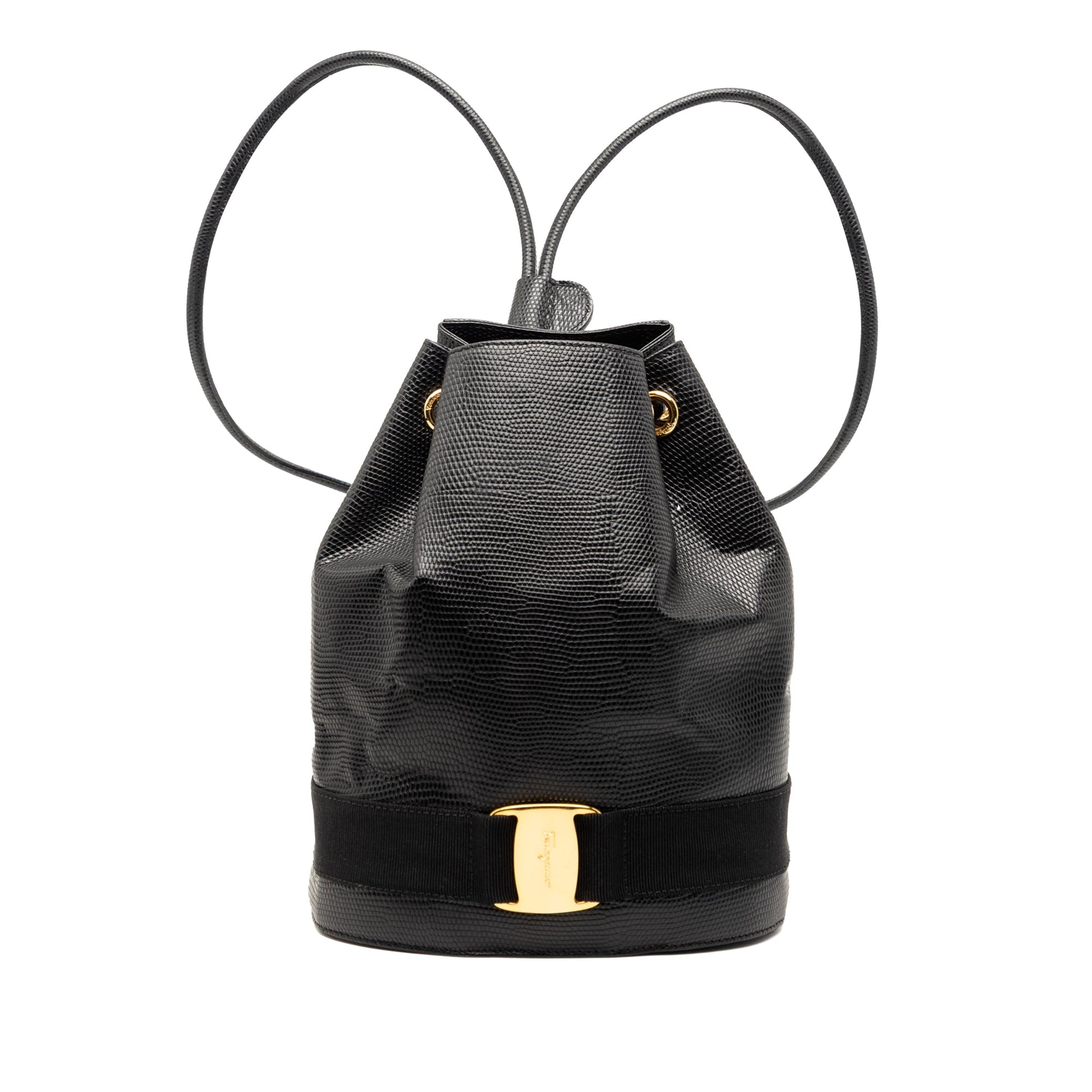 Lizard Embossed Leather Vara Bow Drawstring Backpack