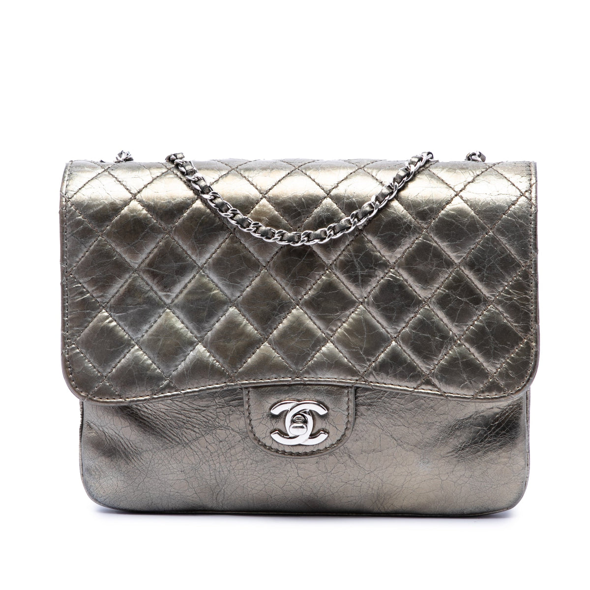 Chanel Medium Metallic Crackled Calfskin Clams Pocket Flap
