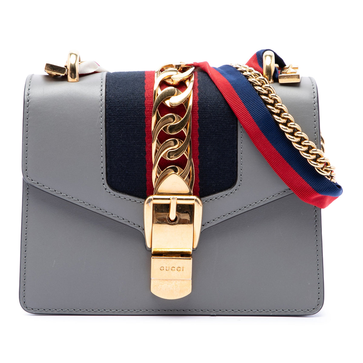 Gucci Mini Calfskin Web Sylvie Chain Satchel — Gray