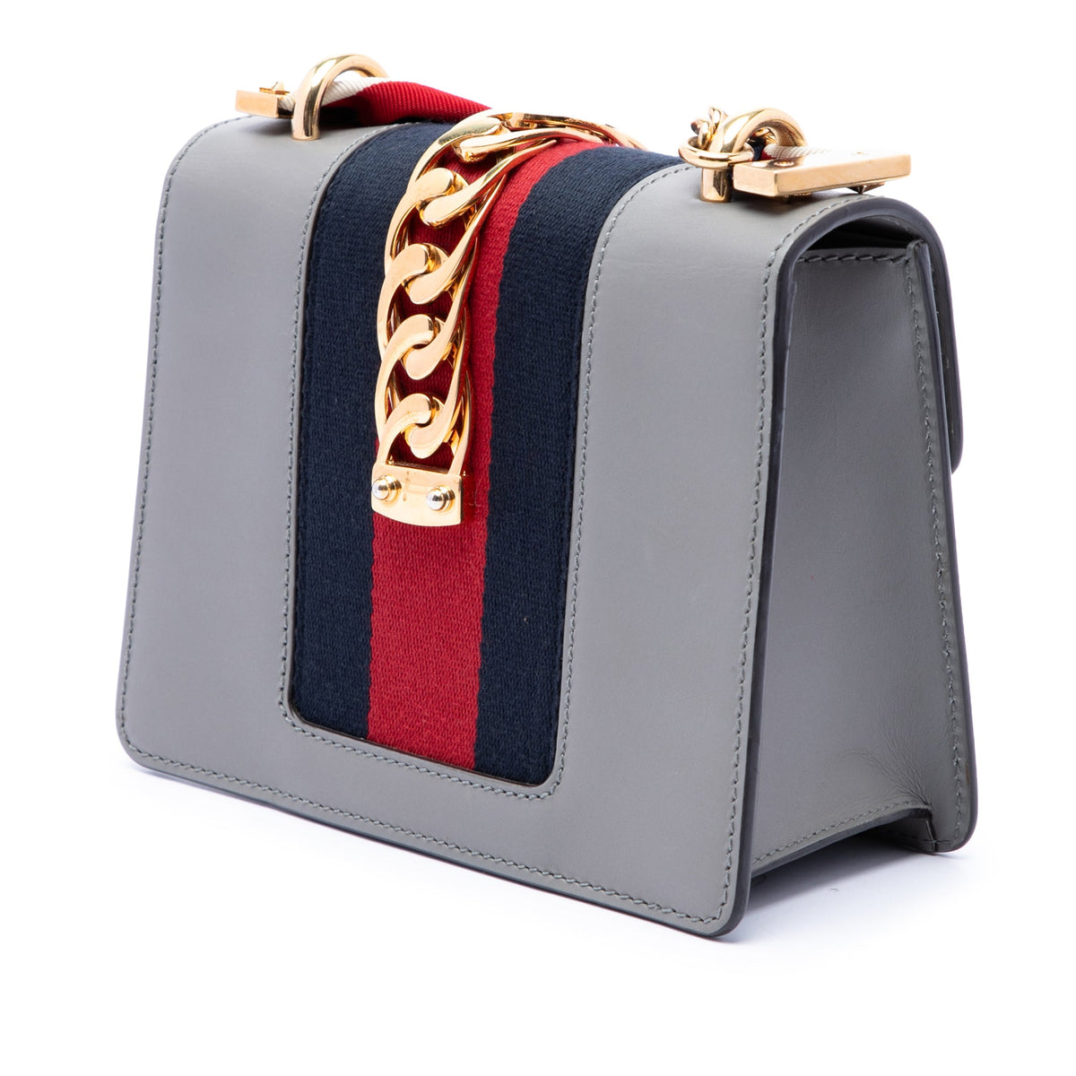 Gucci Mini Calfskin Web Sylvie Chain Satchel — Gray
