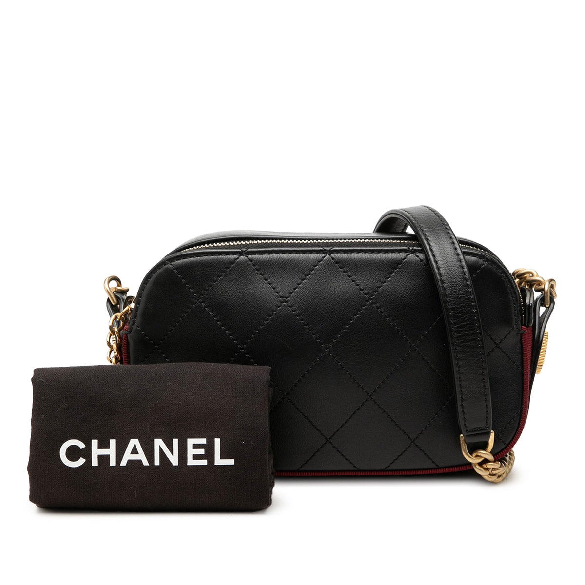 Chanel Stitched Calfskin and Grosgrain Button Up Double Zip Camera Bag