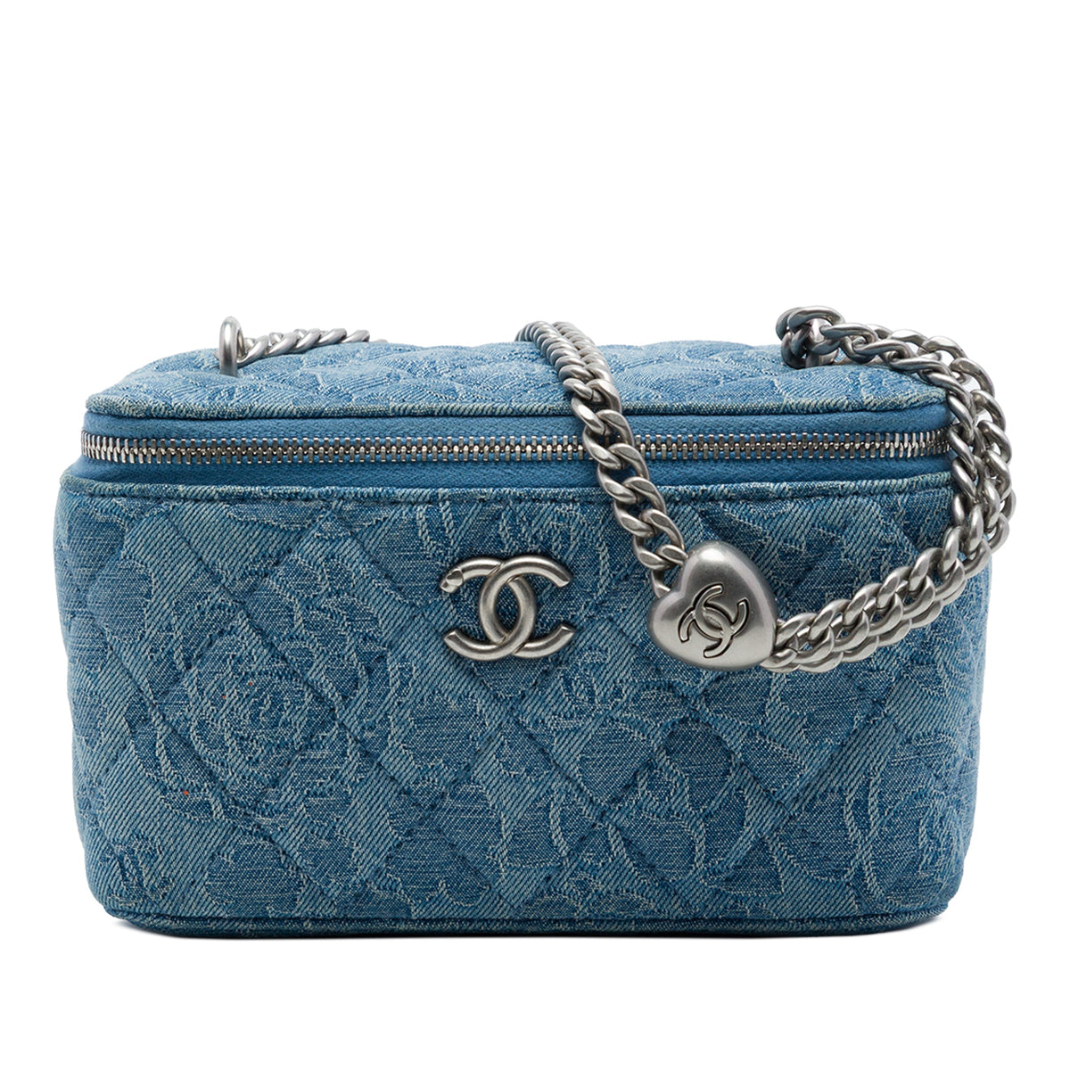 Chanel Small Quilted Denim Camellia Sweetheart Vanity Case With Chain