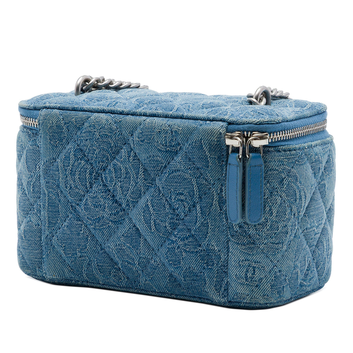 Chanel Small Quilted Denim Camellia Sweetheart Vanity Case With Chain