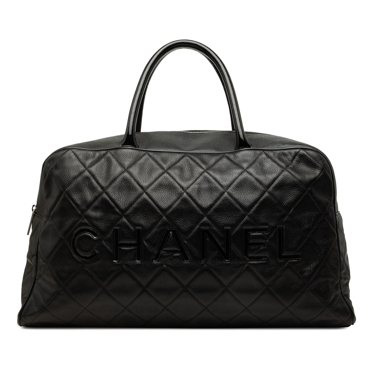 Chanel Large Quilted Caviar and Patent Logo Bowler Bag — Black