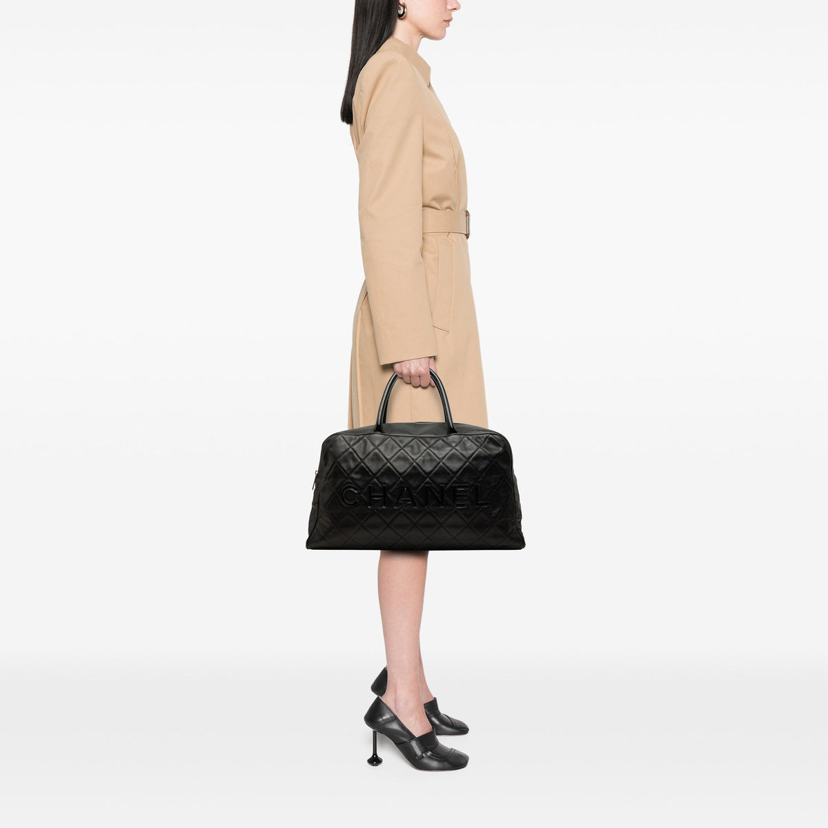 Chanel Large Quilted Caviar and Patent Logo Bowler Bag — Black