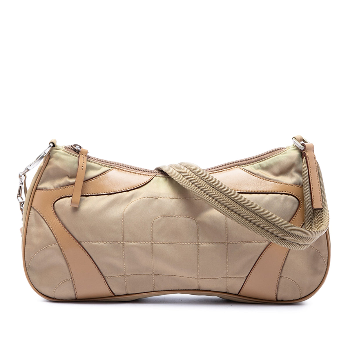 Prada Vitello Drive Trimmed Tessuto Shoulder Bag — Beige