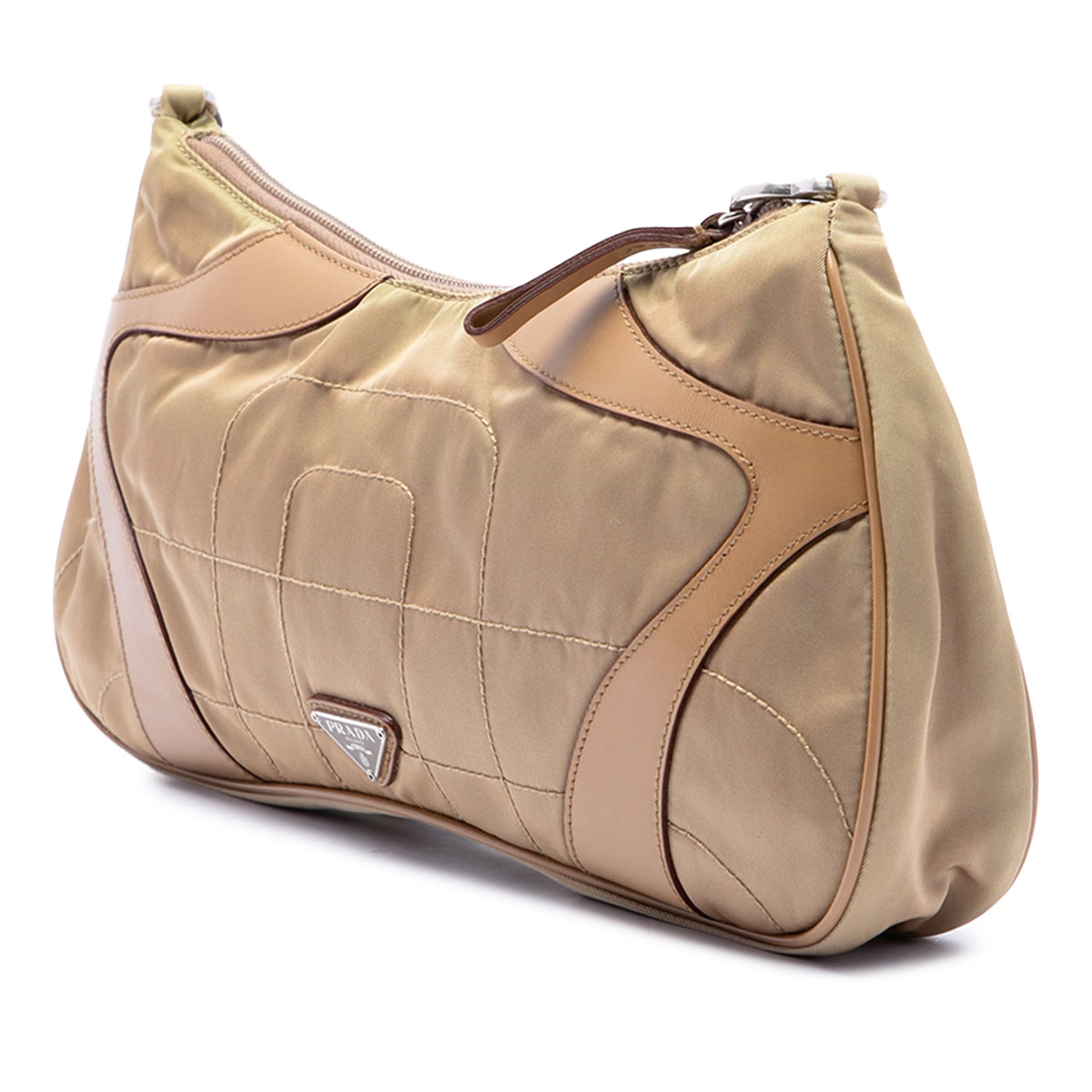 Prada Vitello Drive Trimmed Tessuto Shoulder Bag — Beige