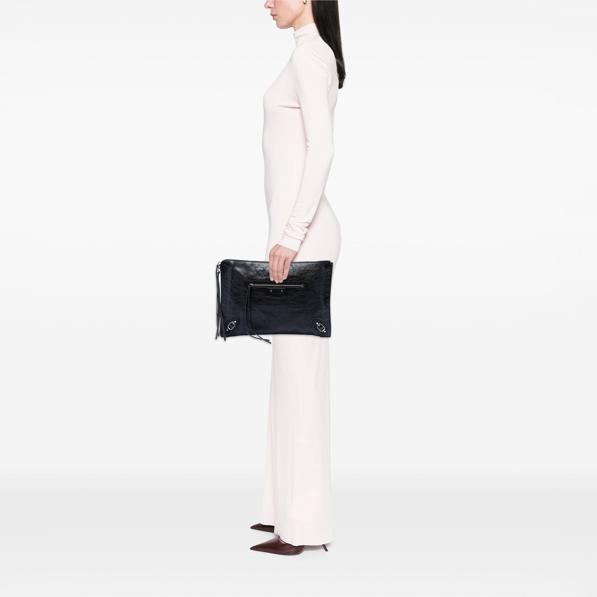 Balenciaga Lambskin Motocross Classic Zip Around Flat Clutch