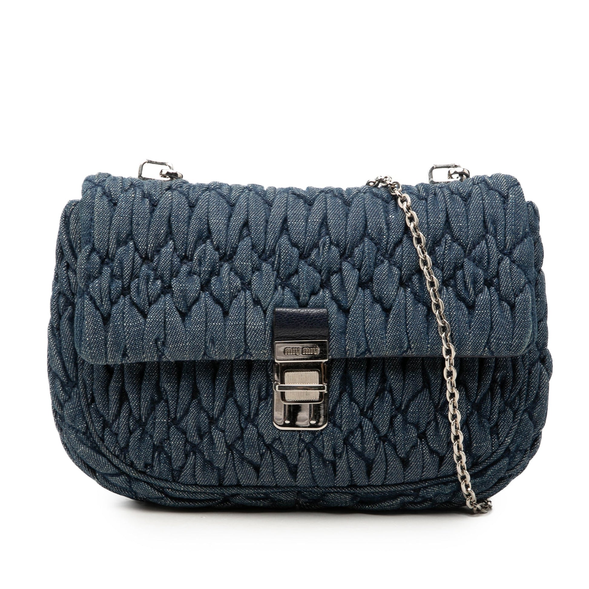 Miu Miu Matelasse Denim Crystal Chain Satchel
