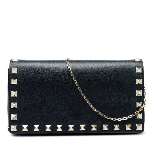 Valentino Calfskin Rockstud Wallet On Chain — Black