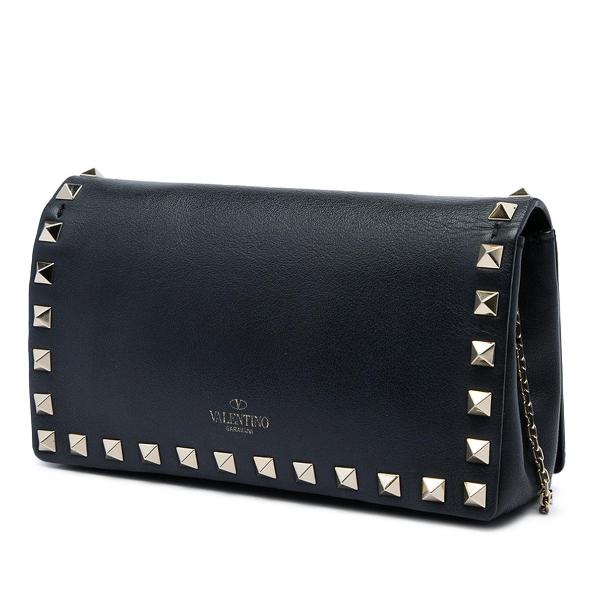 Valentino Calfskin Rockstud Wallet On Chain — Black