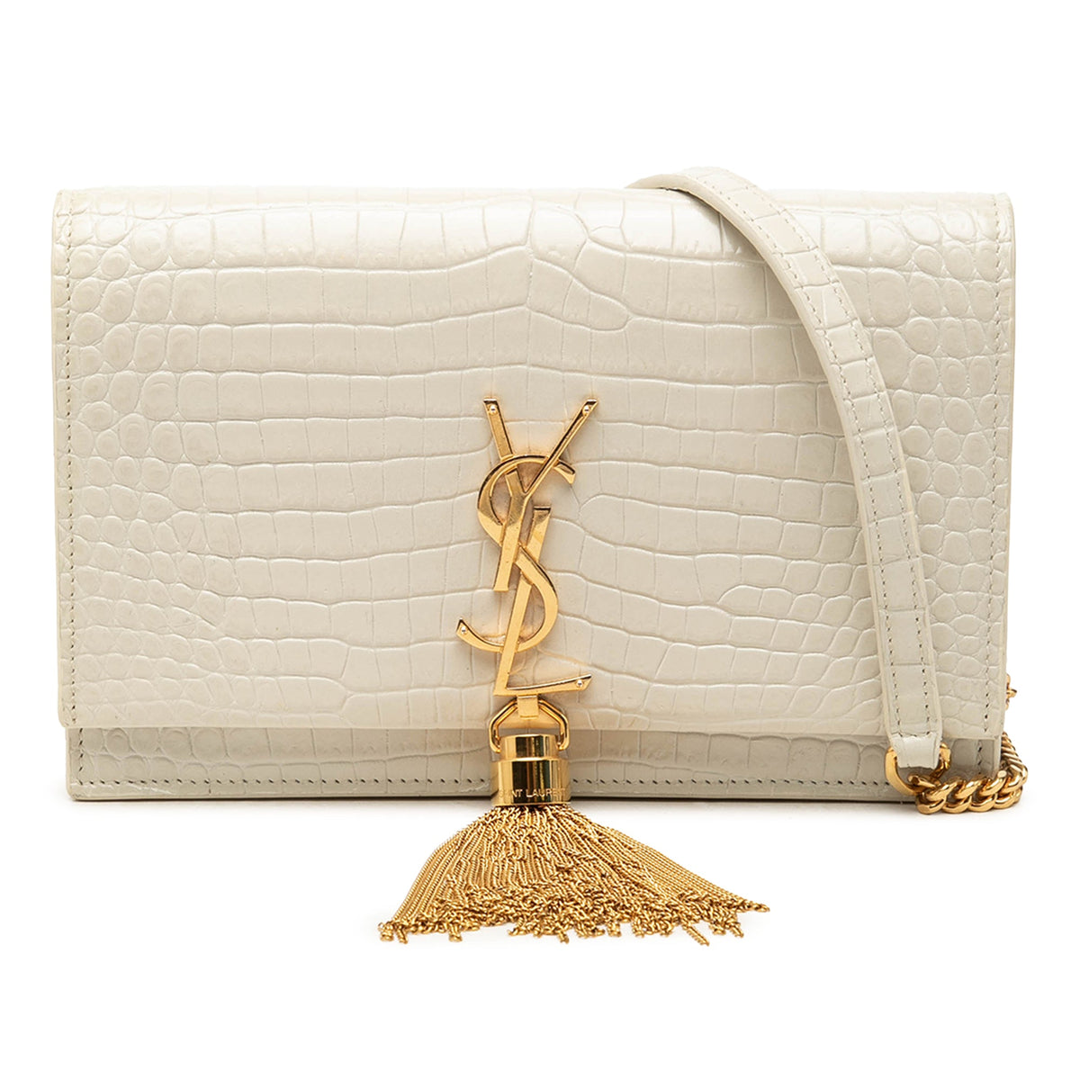 Saint Laurent Croc Embossed Leather Monogram Kate Tassel Wallet on Chain — White