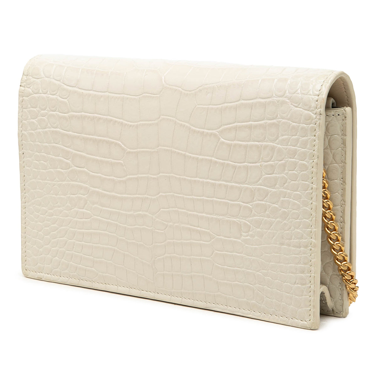 Saint Laurent Croc Embossed Leather Monogram Kate Tassel Wallet on Chain — White